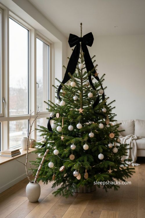 Oversized black velvet bow Christmas tree topper with white and silver ornaments 