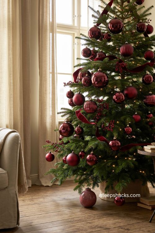 Oversized burgundy Christmas tree ornaments with velvet ribbon and cranberry clusters 