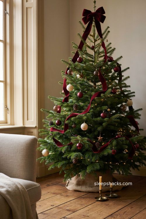Oversized burgundy bow topper with cascading ribbon Christmas tree 