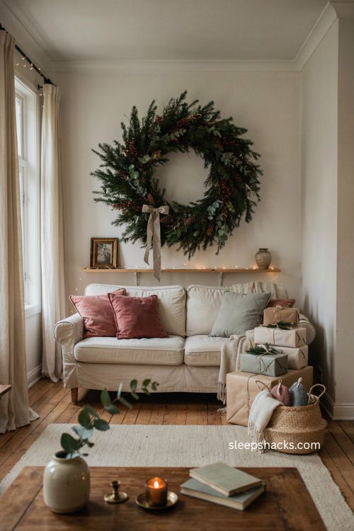 Oversized christmas wreath as a tree alternative for small living rooms 