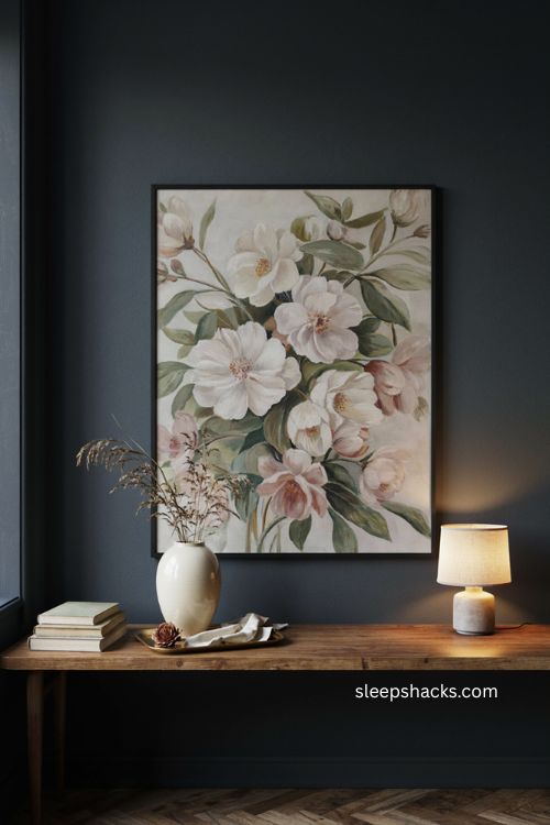 Oversized floral wall art on a dark charcoal living room wall with warm lighting 