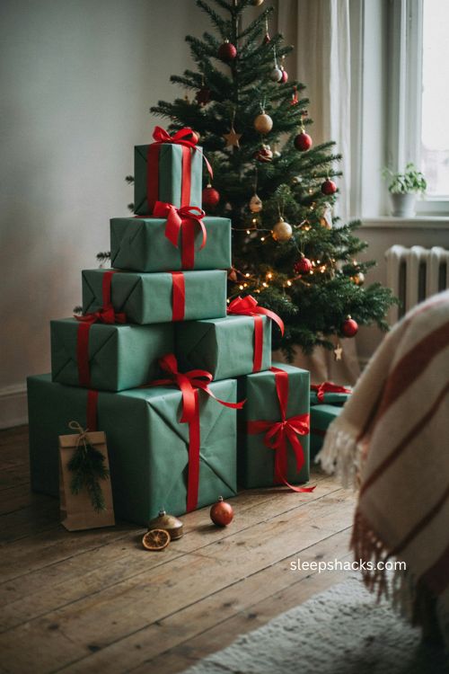 Oversized grinch gift boxes with green wrapping red ribbon and christmas tree