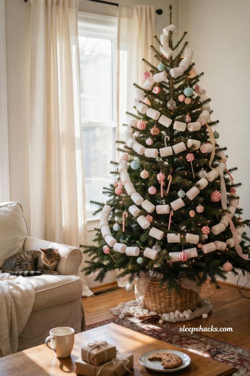 Oversized marshmallow garland candyland Christmas tree ideas