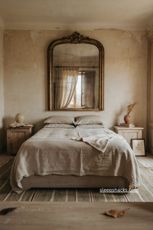 Oversized mirror above bed ideas for a vintage main bedroom 