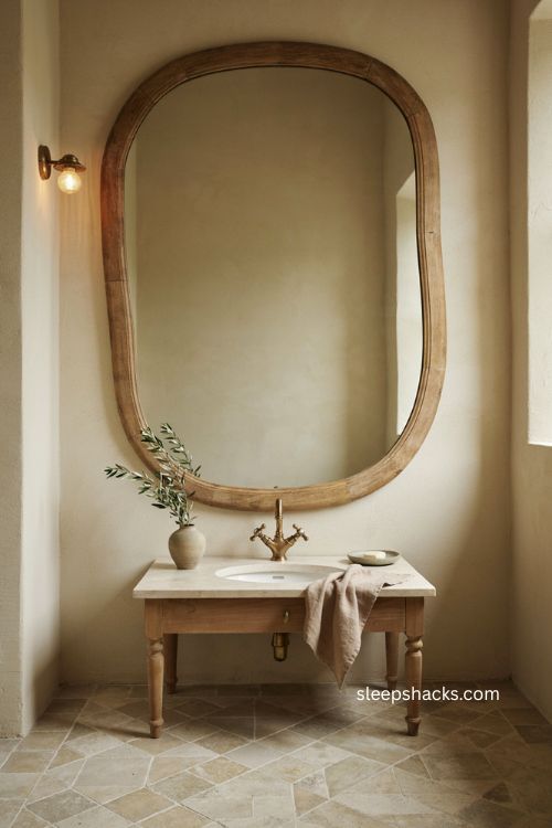 Oversized mirror half bathroom ideas with vintage wood frame
