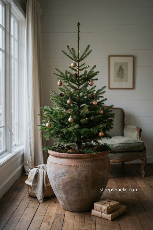 Oversized planter Christmas tree stand with cozy farmhouse holiday decor and dramatic scale 