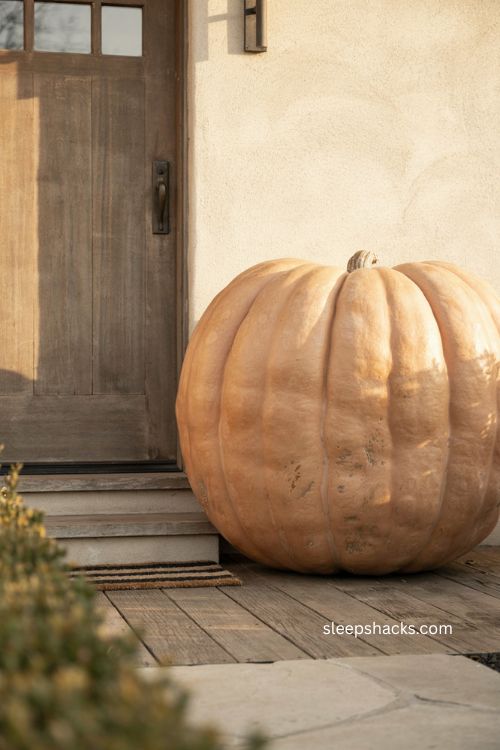 Oversized pumpkin by front door for minimalist Halloween porch decor