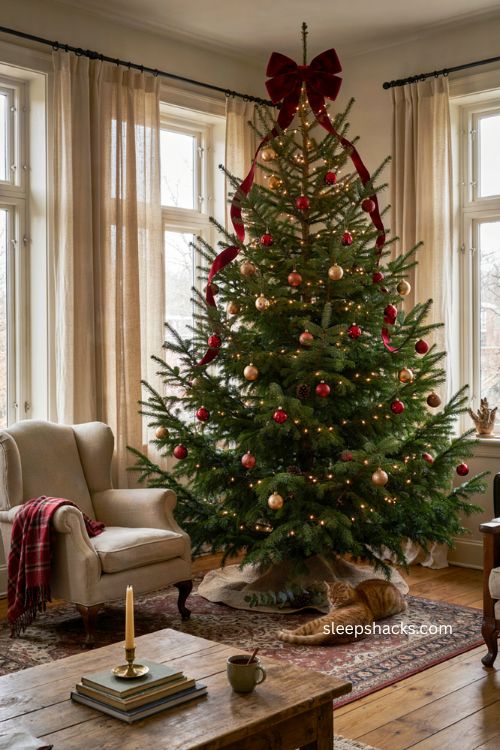 Oversized red bow Christmas tree topper with gold ornaments
