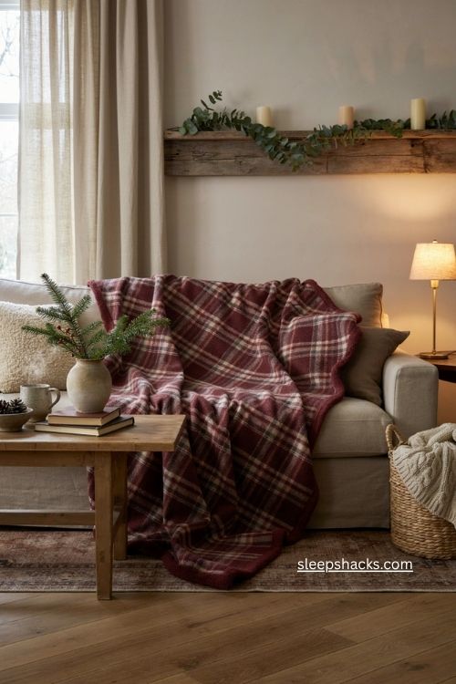 Oversized red plaid stadium Christmas blanket on large cozy sofa 
