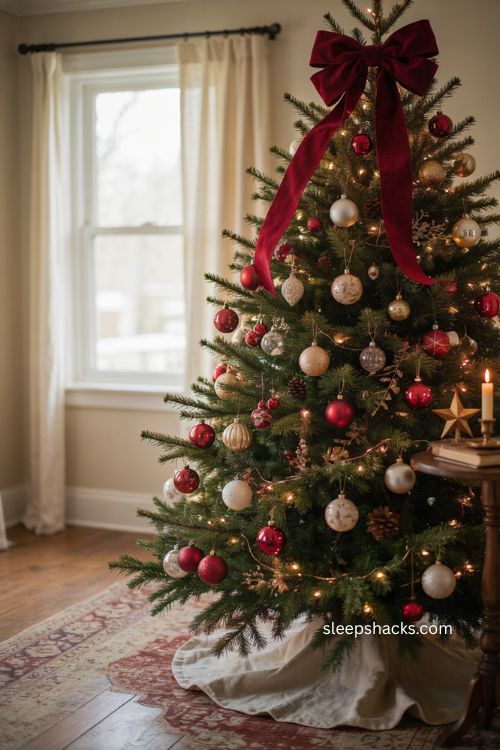 Oversized red velvet bow Christmas tree topper with traditional holiday ornaments 