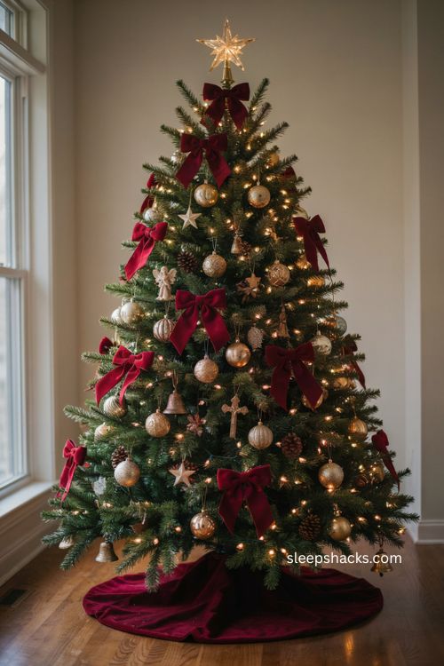 Oversized red velvet bows on a traditional Christmas tree with warm white lights 