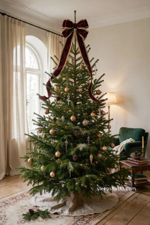 Oversized ribbon bow Christmas tree topper with cascading tails