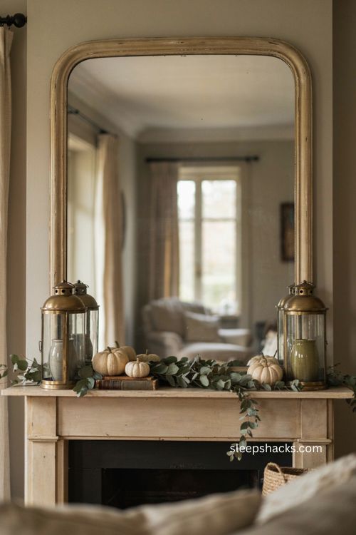 Oversized statement mirror with symmetrical fall mantle decor 