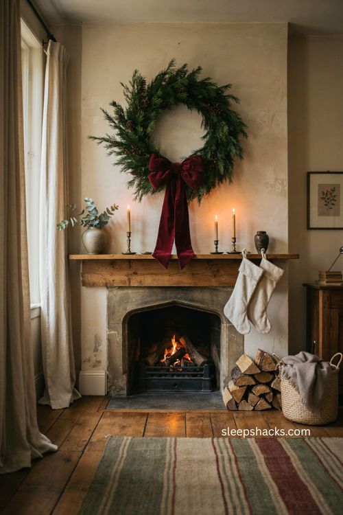 Oversized velvet bow chimney Christmas decor with evergreen wreath