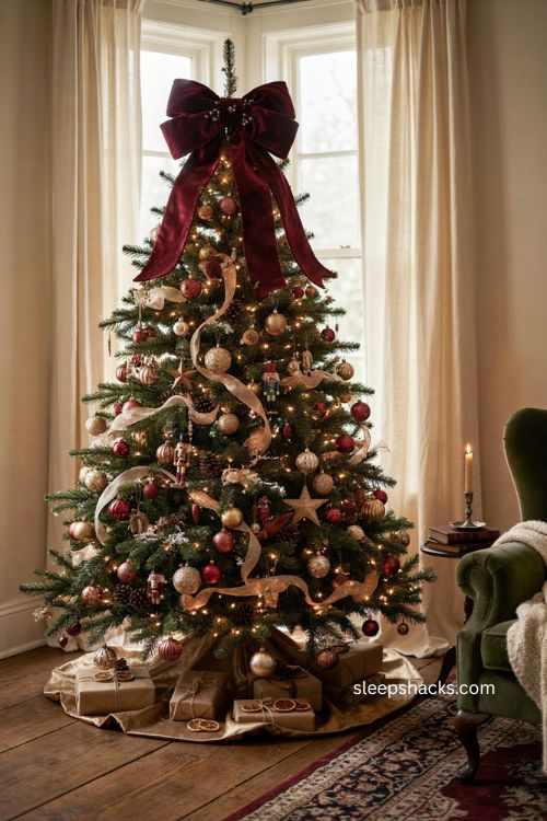 Oversized velvet bow christmas tree topper ideas with elegant holiday decor 