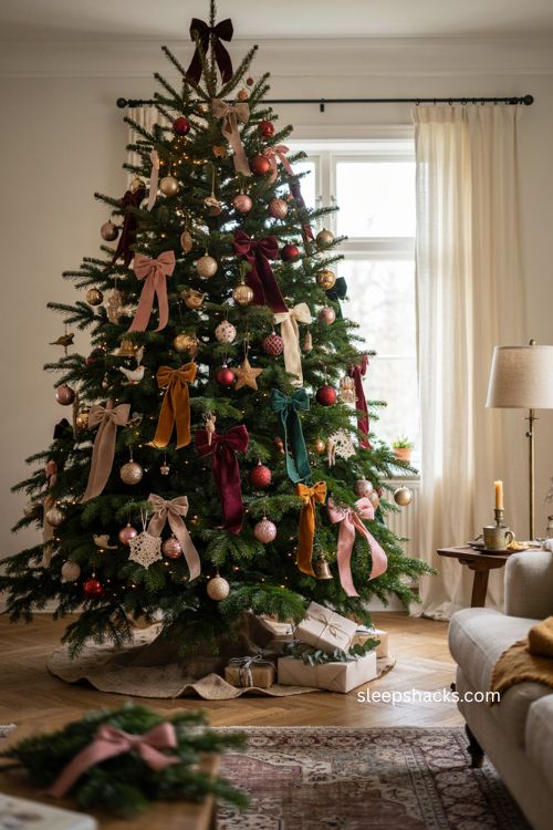 Oversized velvet bows on a Christmas tree with burgundy emerald pink and mustard ribbon 