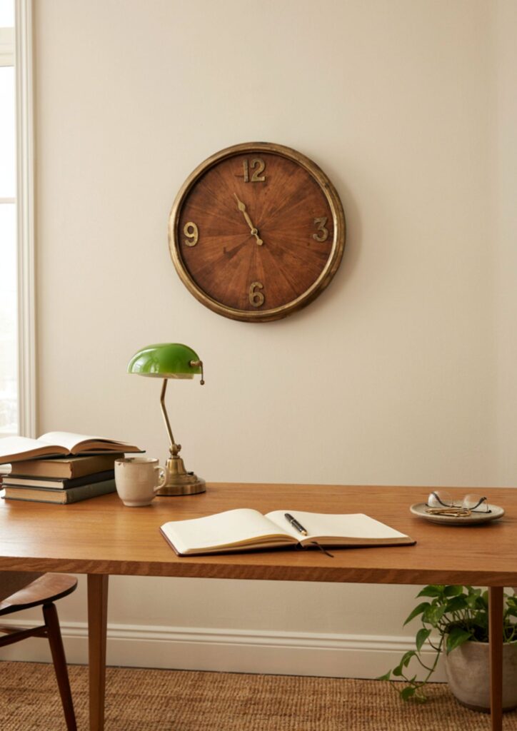 Oversized vintage statement clock above desk in a cozy home office