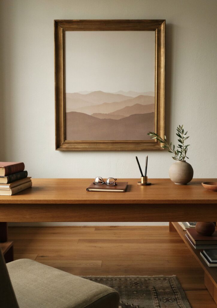 Oversized wall art above desk in a warm uncluttered home office
