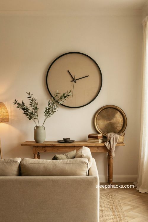 Oversized wall clock living room decor with round mirror and rustic console 