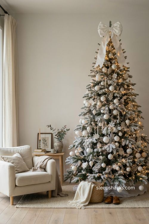 Oversized white bow topper on a simple all white Christmas tree 