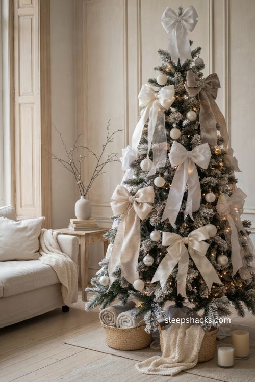 Oversized white bows decorating an elegant Christmas tree 
