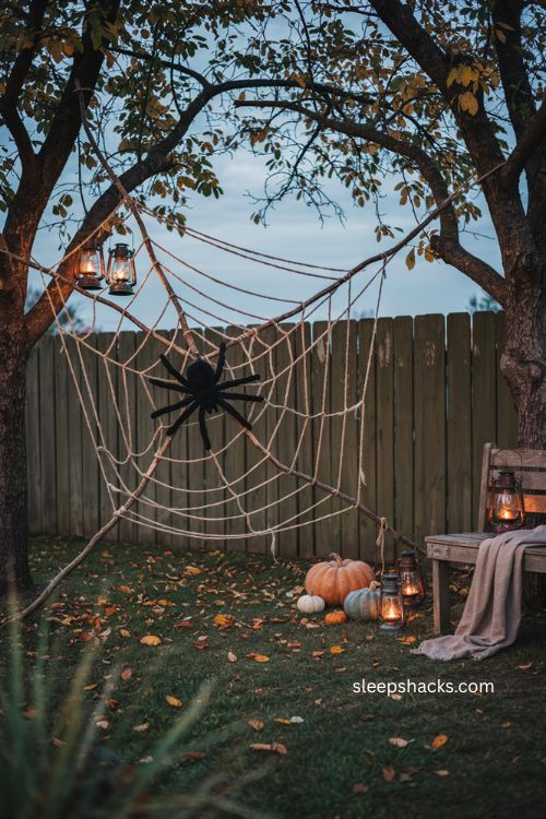 Oversized yarn spider web with giant spider for backyard Halloween party decorations 