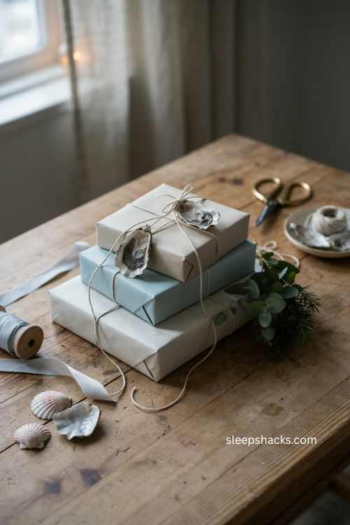 Oyster shell Christmas gift tags with soft blue and cream coastal wrapping paper 