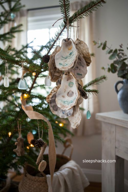 Oyster shell coastal Christmas ornaments with decoupage and natural twine 