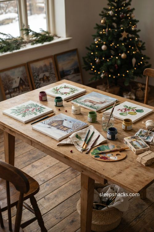 Paint by numbers Christmas craft with cozy seasonal paintings and farmhouse gallery wall decor