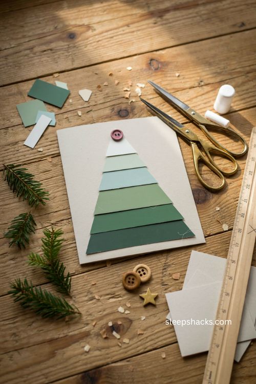 Paint chip Christmas tree card with green ombre shades button topper and easy last minute holiday craft 