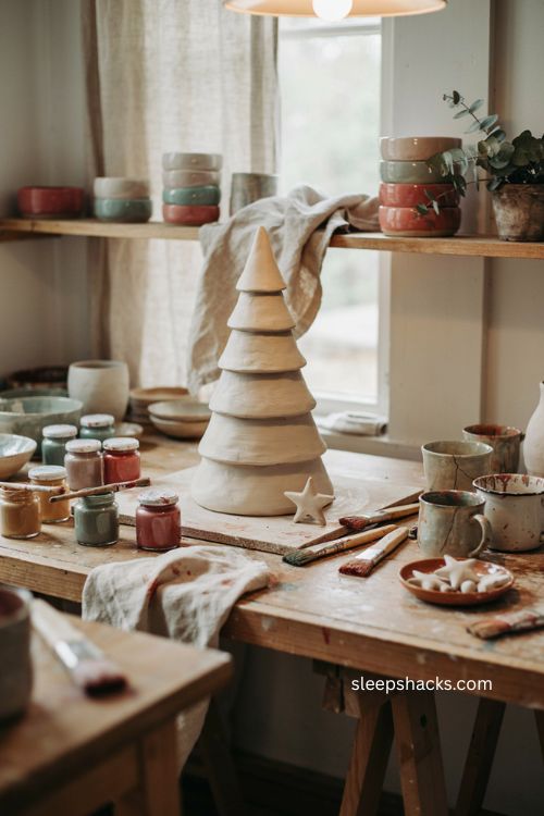 Paint your own ceramic christmas tree craft setup with vintage pottery studio charm 