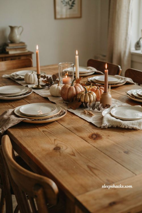 Painted dollar store pumpkins for cheap Thanksgiving table decor with metallic fall accents 