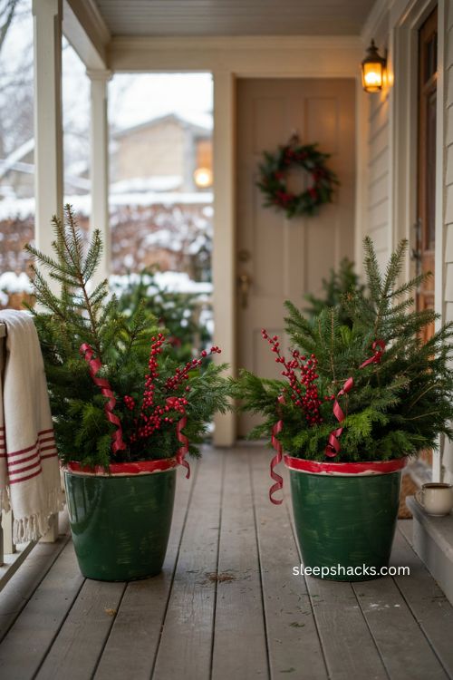 Painted green grinch planters with red white bands evergreen branches and ribbon