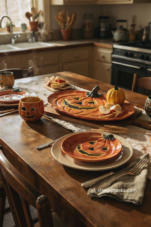 Painted jack o lantern dishware for cozy vintage Halloween kitchen table decor 