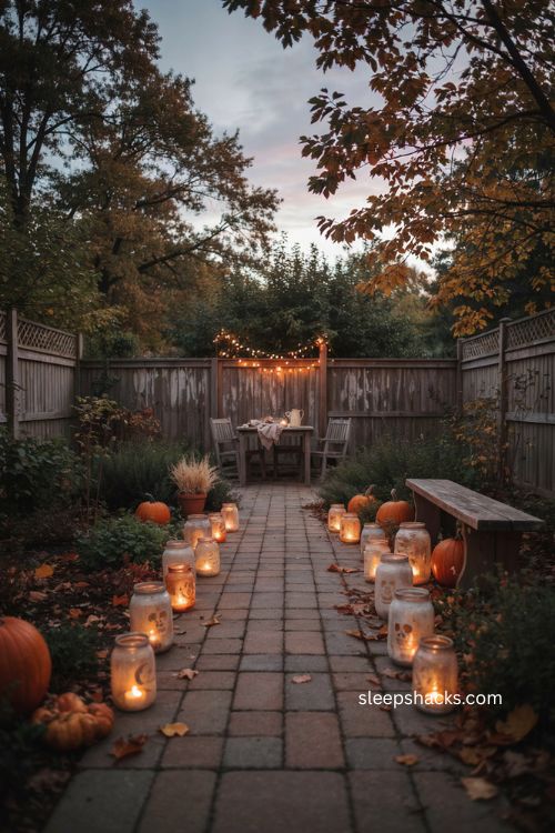 Painted jar luminaries lining a backyard Halloween walkway for cozy outdoor decor 