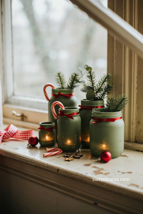 Painted mason jar grinch luminaries with green glass red ribbons and warm lights