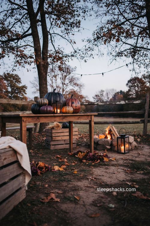 Painted pumpkin pile in deep plum and matte black for backyard Halloween decor 