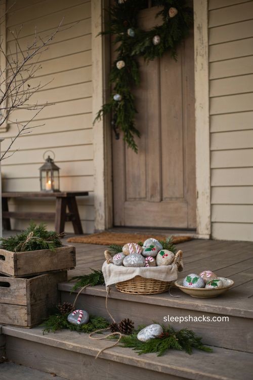 Painted rock ornaments for charming DIY Christmas porch decor 