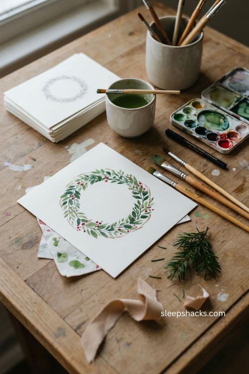 Painted watercolor wreath Christmas card with green leaves red berries and gold 