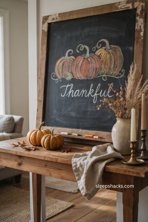 Painterly Thanksgiving chalkboard with three pumpkins and thankful script farmhouse decor 