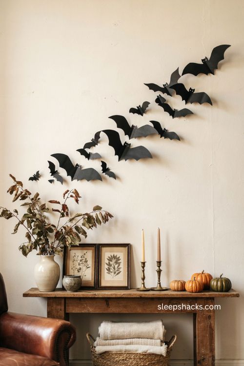 Paper bat flock flying across a cozy Halloween mantel wall 