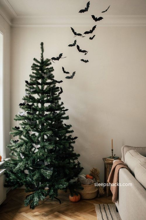 Paper bat halloween tree with floating black bats and cozy living room decor 