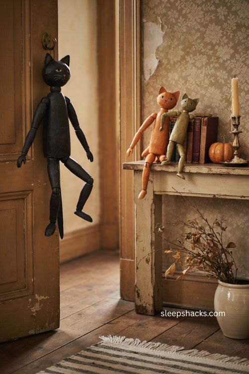 Paper cat doll cutouts layered at different heights for retro Halloween decor 