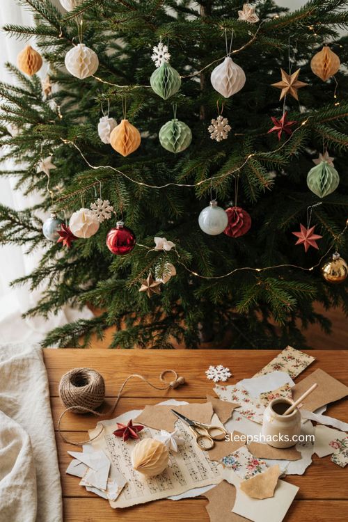 Paper christmas ornaments with handmade honeycomb bulbs quilled snowflakes and vintage paper decorations 