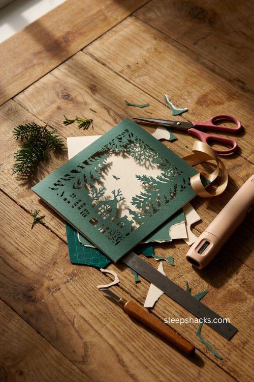 Paper cut silhouette Christmas card with intricate winter village scene dark cardstock and ivory layered design 