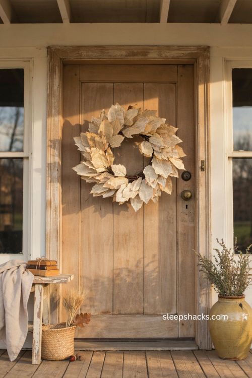 Paper leaf fall thanksgiving wreath made from old book pages for a rustic farmhouse porch 