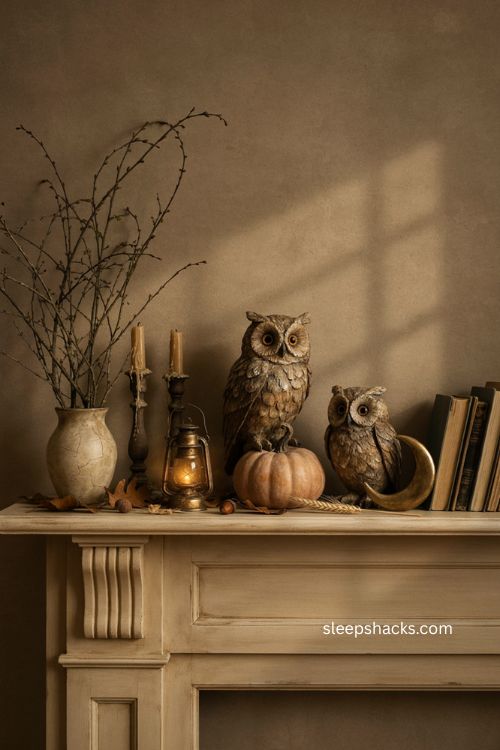 Paper mache owl figures with pumpkins and dried branches for retro Halloween decor 