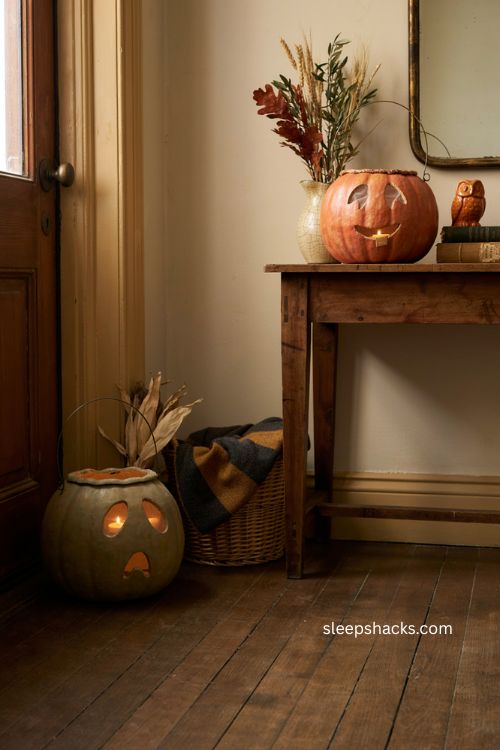 Paper mache pumpkin buckets with vintage retro Halloween entryway decor 