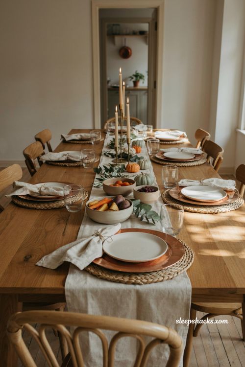 Paper plates on rattan and copper chargers with cloth napkins for Thanksgiving 