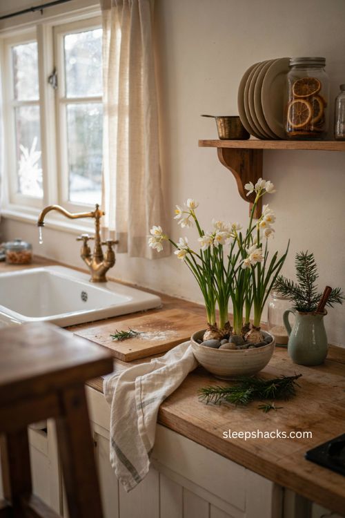 Paperwhite flowers growing in a ceramic bowl beside a cozy Christmas kitchen sink 